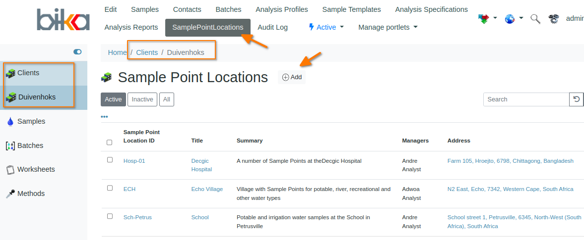 Sample Point Locations per Client in Bika Open Source LIMS
