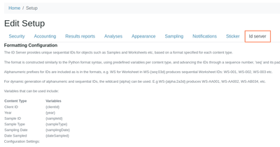 ID Server tab in Bika Open Source LIMS setup