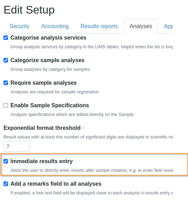 Configure immediate results capture in Bika Open Source LIMS