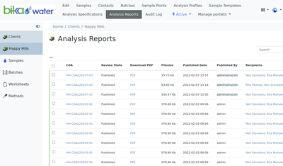 A Client's COA Analysis Reports page in Bika Open Source LIMS