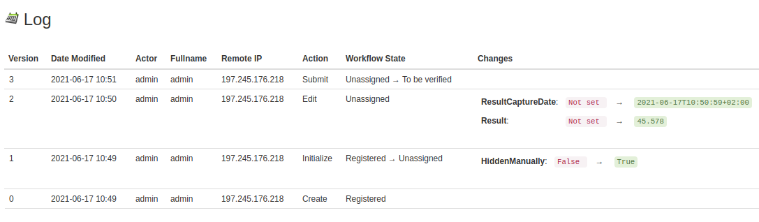 Analysis audit trail log in Bika Open Source LIMS