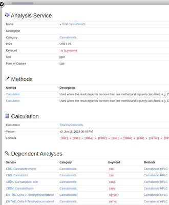 Analysis information pop-up in Bika Open Source LIMS