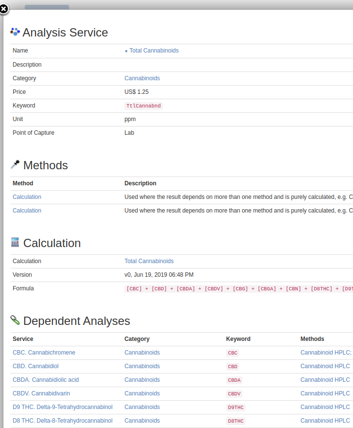 Analysis information pop-up in Bika Open Source LIMS