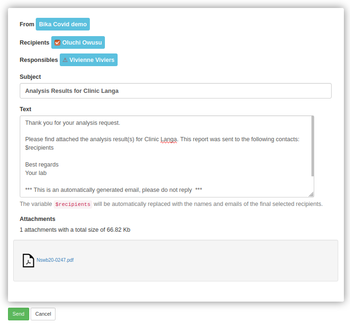 COA email preview in Open Source LIMS Bika Senaite