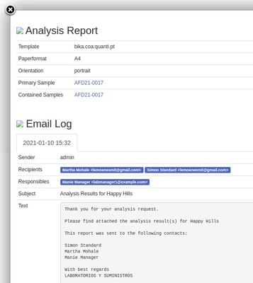 COA information pop-up in Bika Open Source LIMS