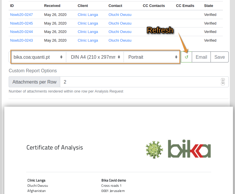 COA Publication preview in Bika Open Source LIMS