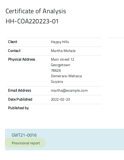 Provisional COA of Analysis Results in Bika Open Source LIMS