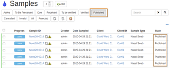 Published Analysis Request list in Bika Senaite Open Source LIMS