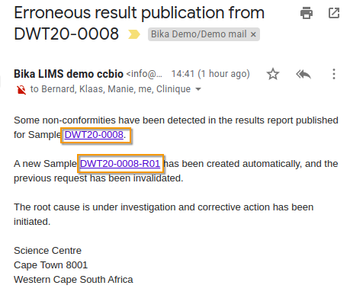 COA invalidation email notice in Bika Open Source LIMS