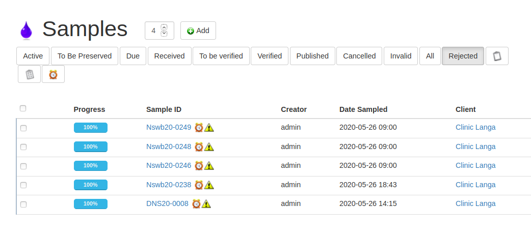 List of rejected Samples in Bika Open Source LIMS