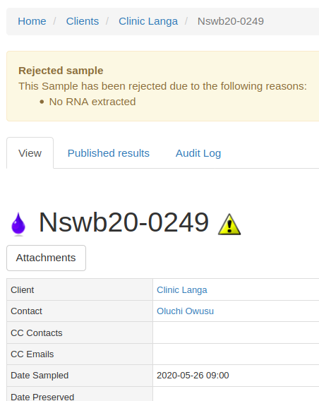 Rejected Sample view in Bika Open Source LIMS