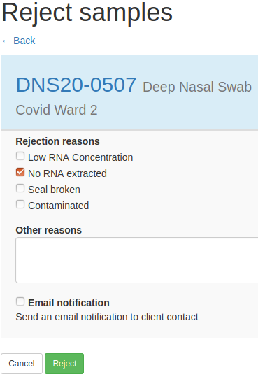 Sample rejection form in Bika Open Source LIMS