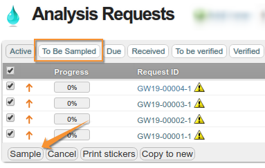 Sample action in Bika / Senaite Open Source LIMS from Analysis Request list