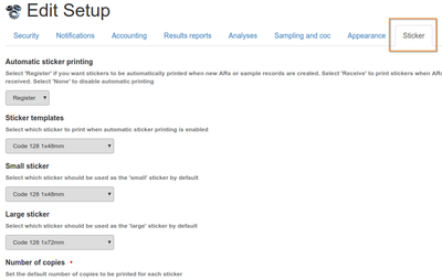 Sampling label and barcode printing setup tab in Bika and Senaite Open Source LIMS