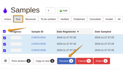 Selecting Samples to be received in Bika Open Source LIMS