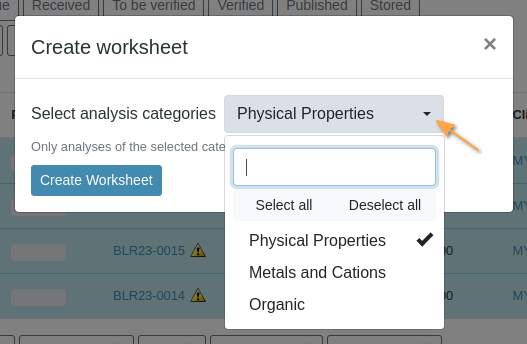 Select Analysis Category for Worksheet in Bika Open Source LIMS 
