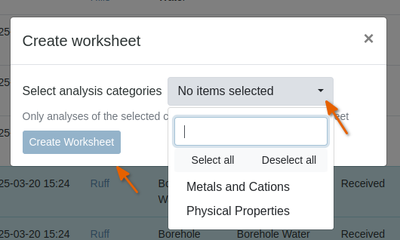 Select the Analysis Categories from which to compile a Worksheet in Bika Open Source LIMS