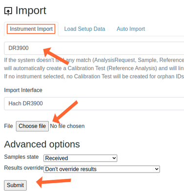 Select Instrument import file in Bika Open Source LIMS