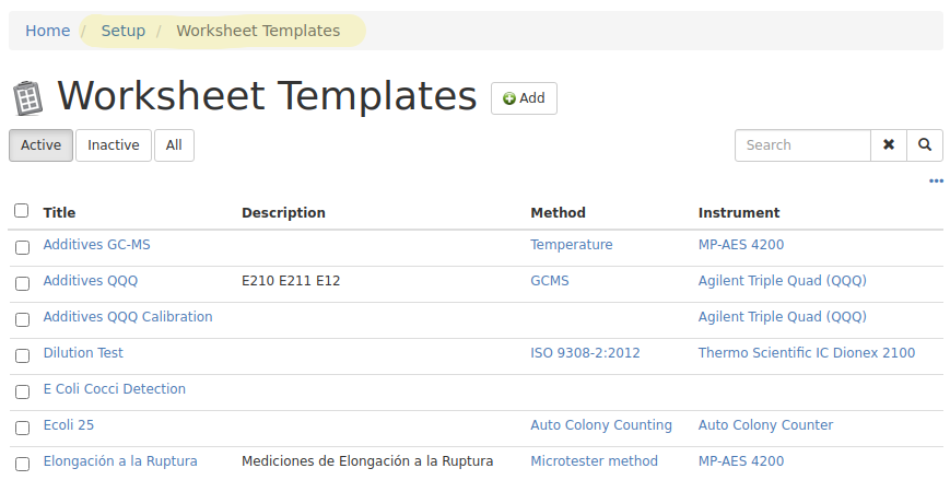 Worksheet Template list in Bika Open Source LIMS